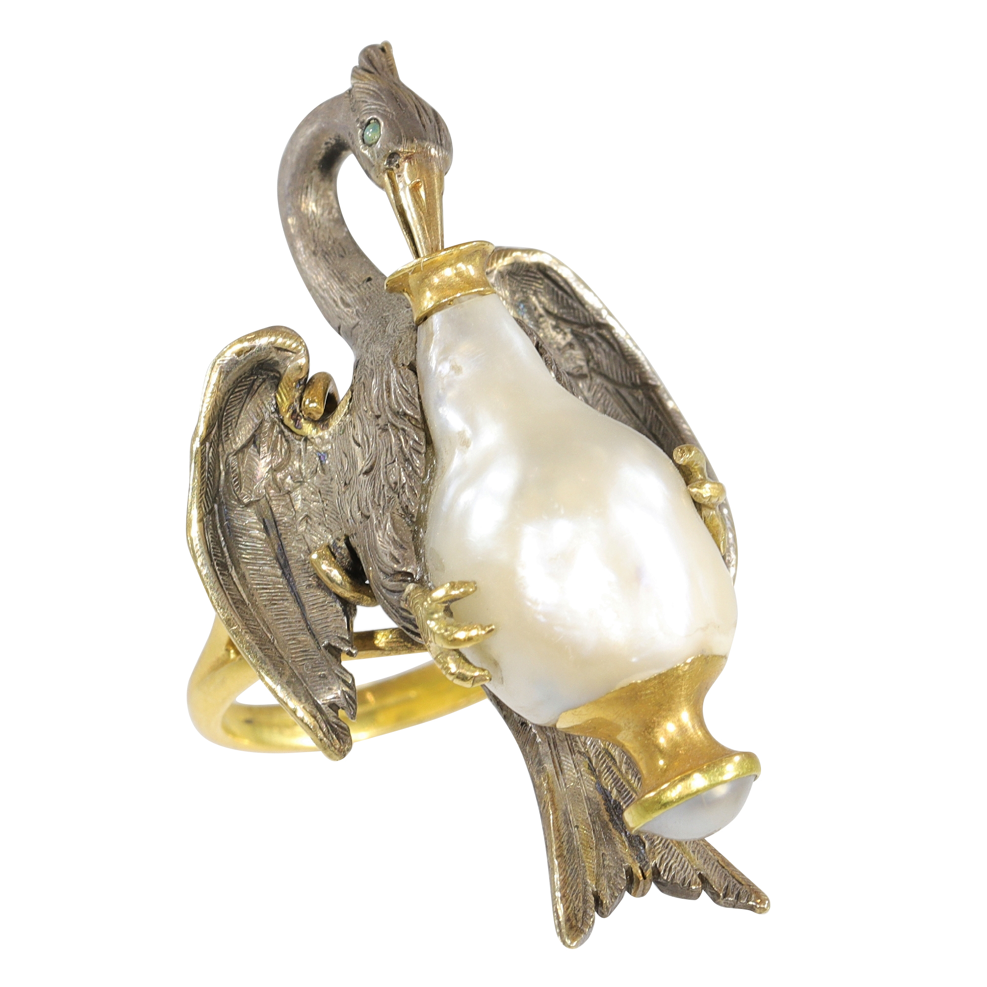 L'Art du Fable: 18K Gold Stork and Pearl Ring from Victorian France